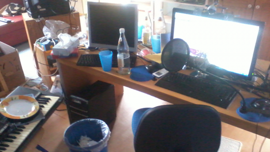 This is the aftermath of this Ludum Dare - my desk is full of all kinds of stuff. And it's already cleaned up a little - looked even worse before!