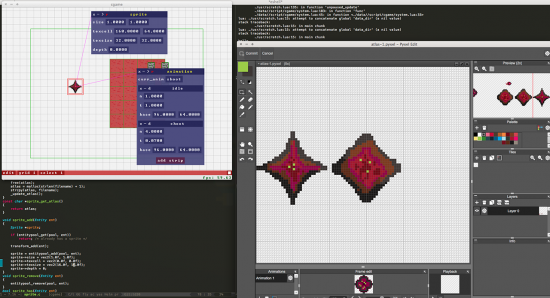Editing the quad-shooter animation in Pyxel and watching it update in the game/editor live